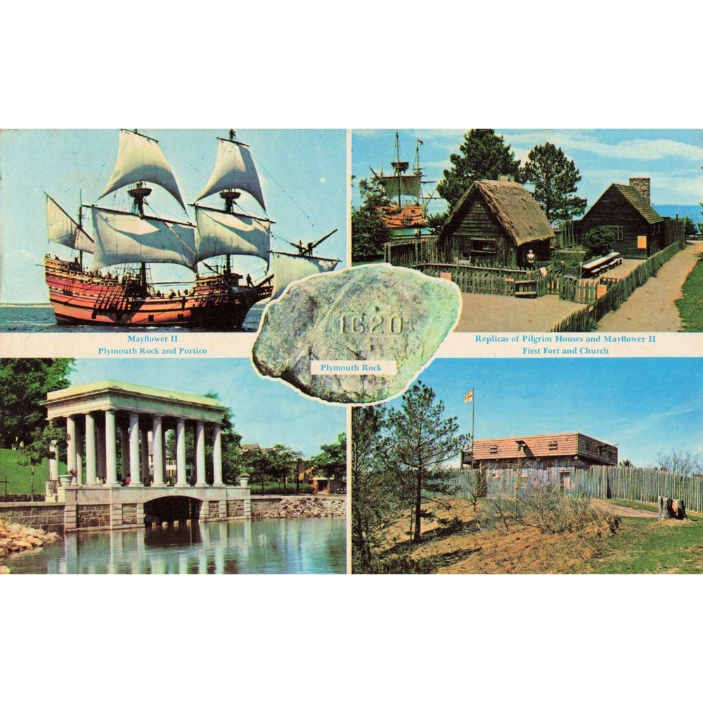 Vintage Plymouth Massachusetts Postcard Mayflower II Plymouth Rock Multi-View VG - Picture 1 of 2